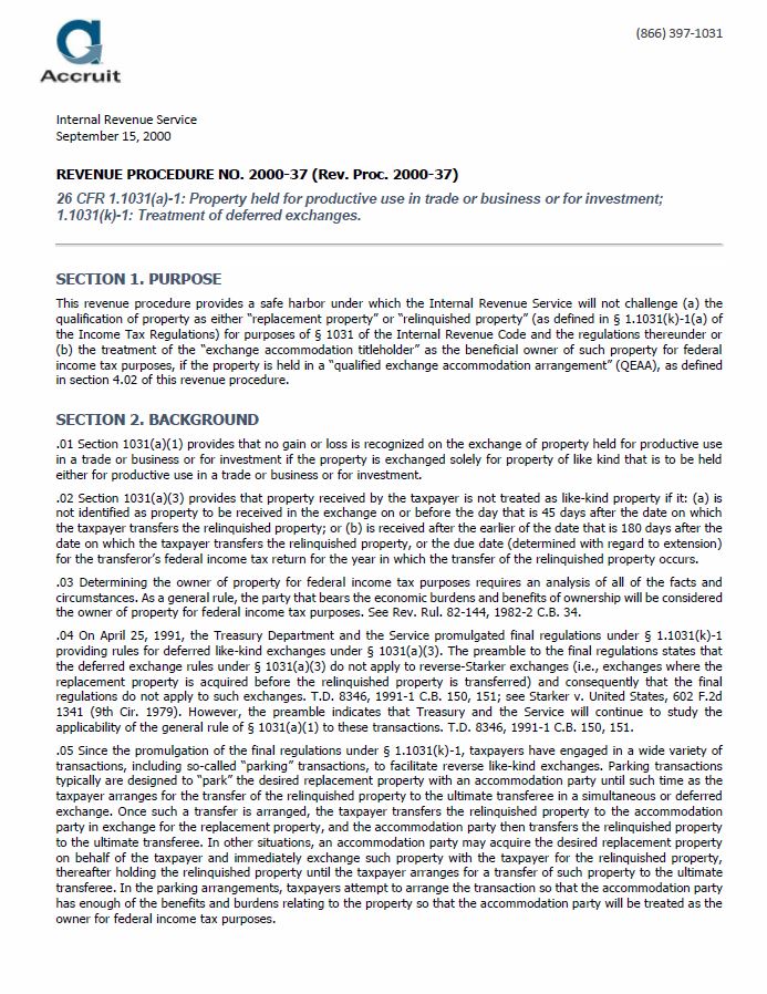 Revenue Procedure 200037 for Reverse Exchanges